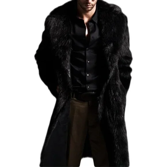 🖤✨Colf Faux Fur Coat Men Black Winter Long Sleeve CollarOutwear Long Park…